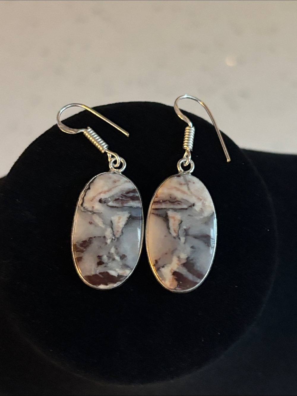 Sterling Silver Marble Pattern Coconut Jasper Oval Drop Dangle Earrings